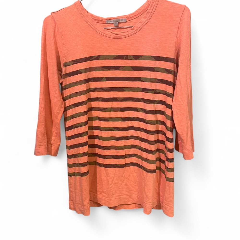 Women's Orange 3/4 sleeve top with military camouflage stripes